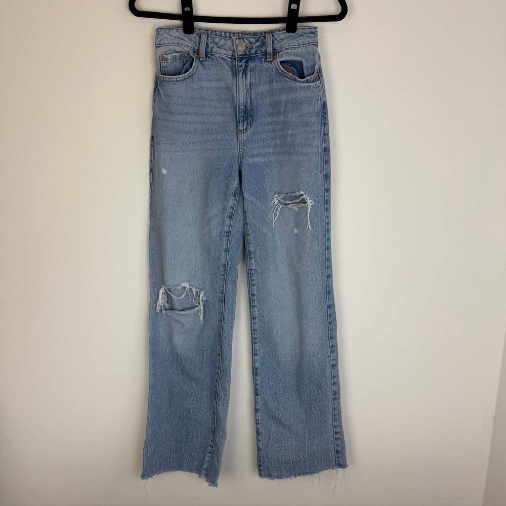 Garage Womens Jambe Large Wide Leg High Rise Distressed Light Wash Blue Jeans 3